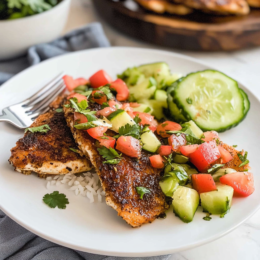 Recipe preparation for 30-Minute Blackened Tilapia with Cucumber Salsa