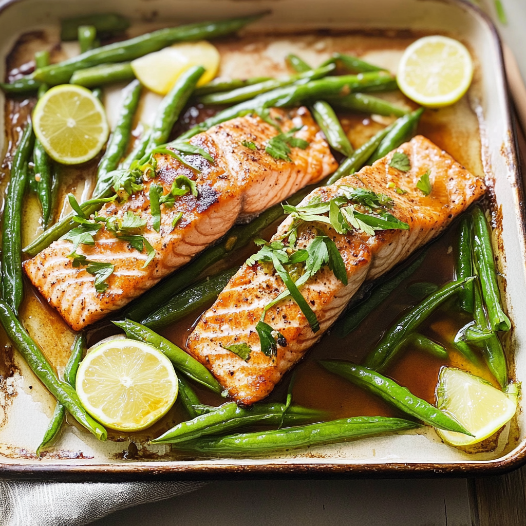 Recipe preparation for Maple and Miso Sheet-Pan Salmon With Green Beans