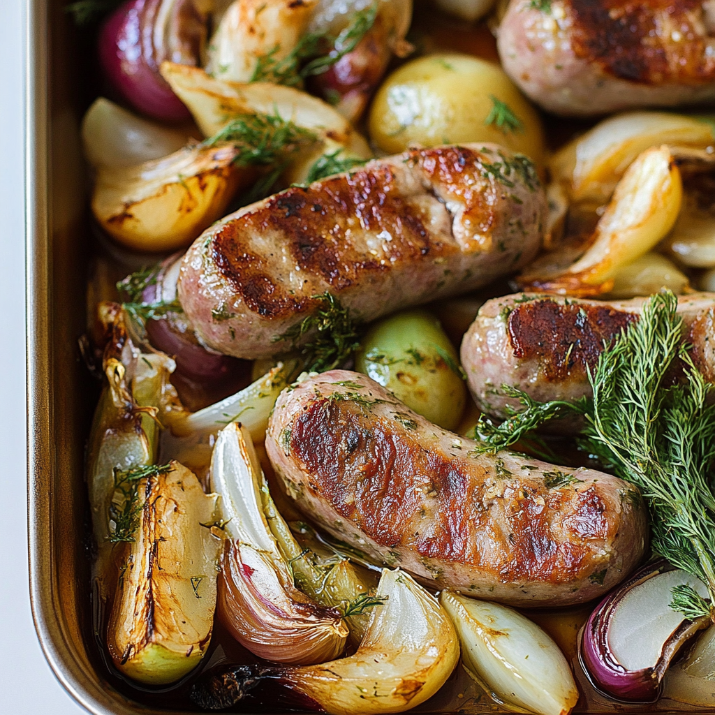 Recipe preparation for Sheet pan–roasted Italian sausages with radicchio, fennel, and pear