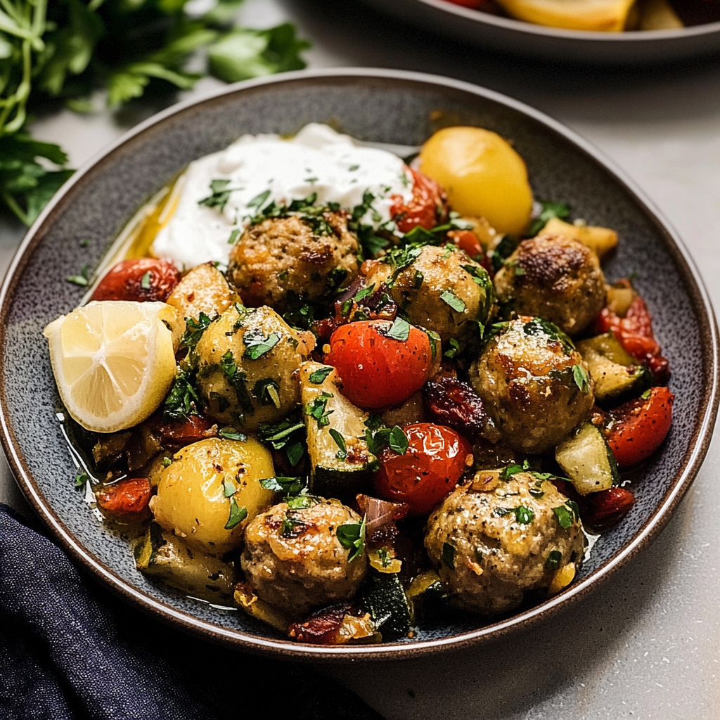 Recipe preparation for Sheet Pan Greek Meatballs & Veggies