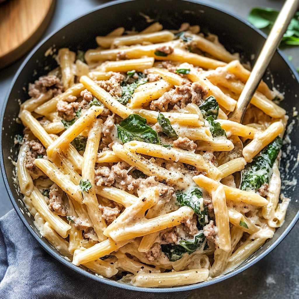 Recipe preparation for 30-Min Creamy Sausage & Kale Pasta