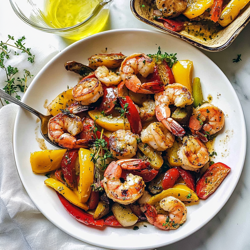 Recipe preparation for Sheet Pan Mediterranean Shrimp & Peppers