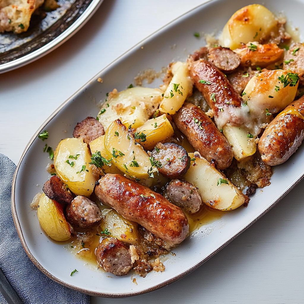 Recipe preparation for Sheet Pan Sausage & Apple Bake