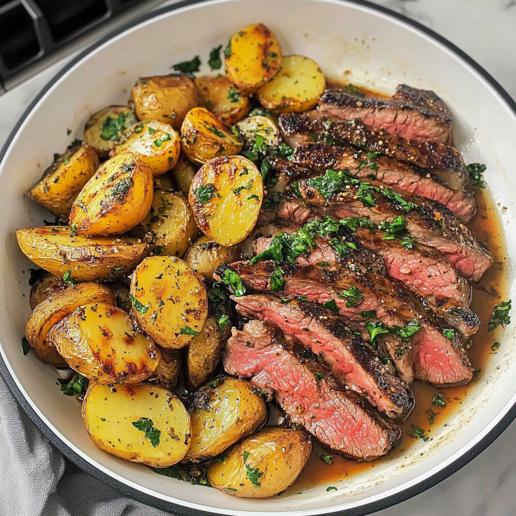 Recipe preparation for Sheet Pan Garlic Butter Steak & Potatoes