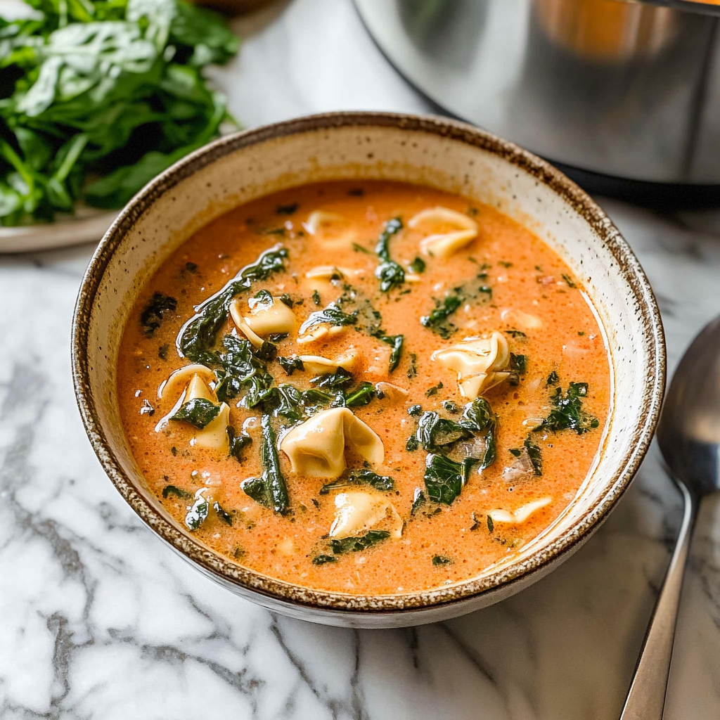 Recipe preparation for Slow Cooker Tortellini Spinach Soup