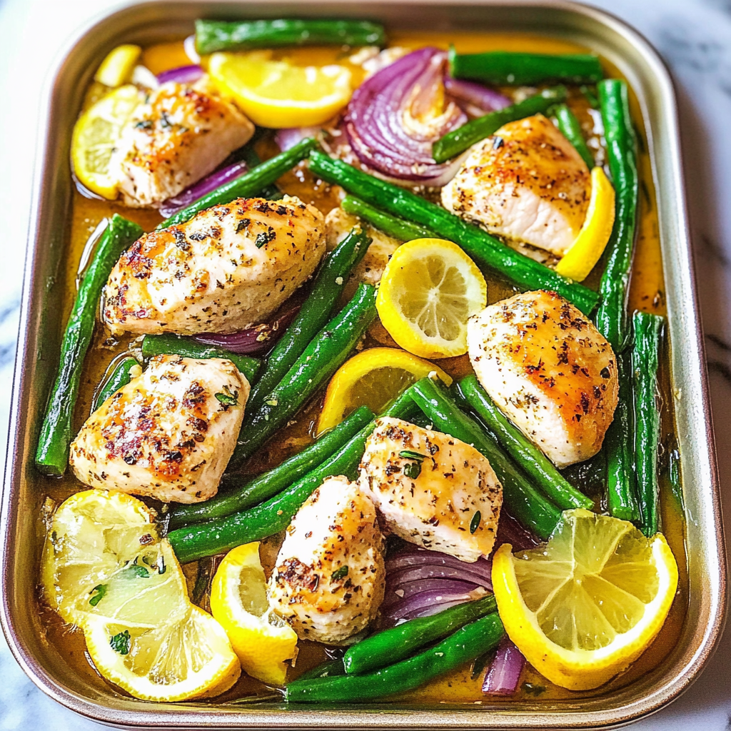 Recipe preparation for Sheet Pan Lemon Pepper Chicken with Green Beans