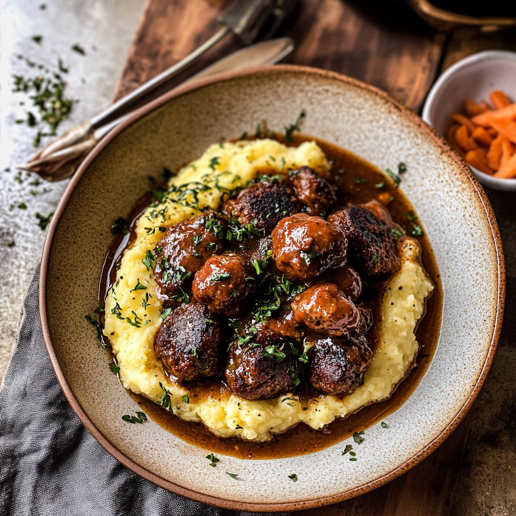 Recipe preparation for Slow Cooker Coq au Vin Meatballs with Creamy Polenta