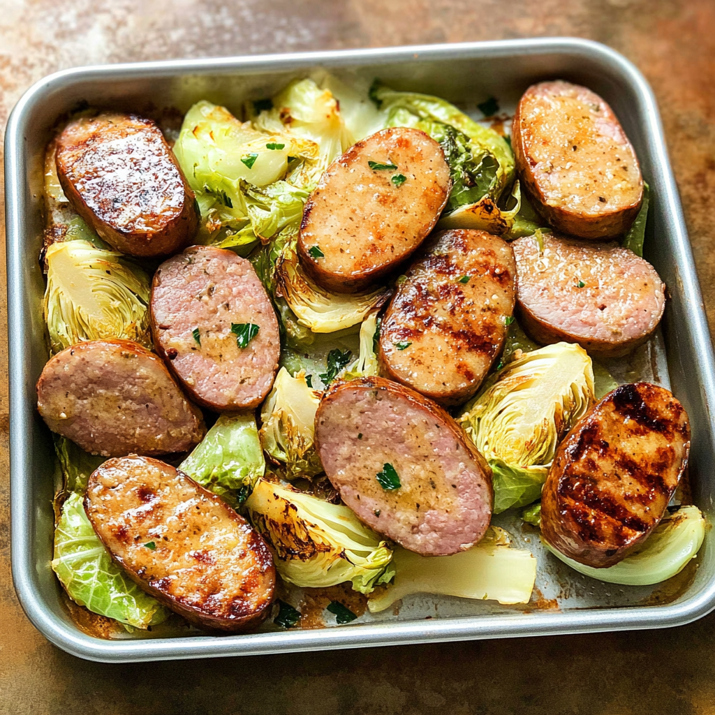 Recipe preparation for Sheet Pan Sausage & Charred Cabbage with Mustard Vinaigrette
