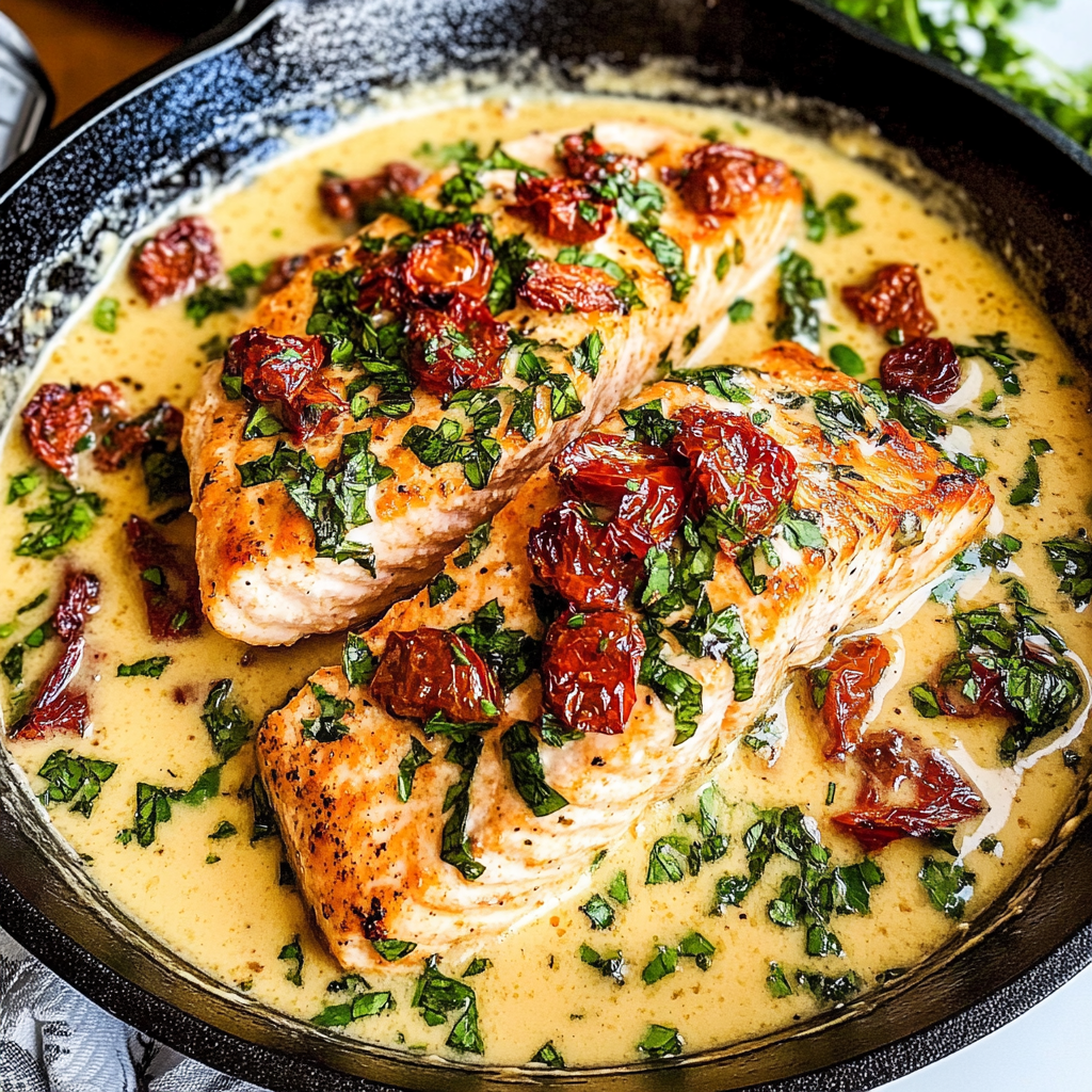 Recipe preparation for 30-Minute Creamy Tuscan Salmon with Sun-Dried Tomatoes