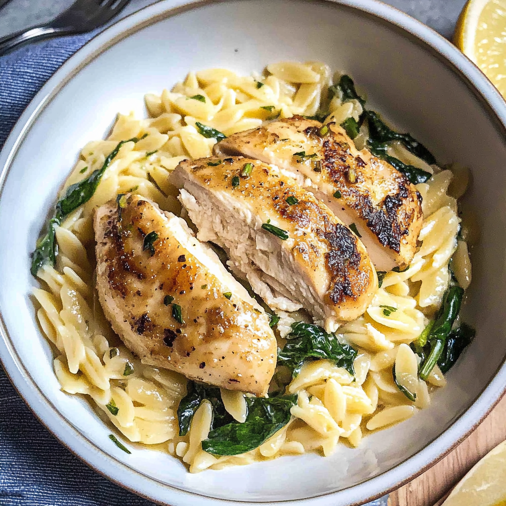 Recipe preparation for Instant Pot Lemon Chicken Orzo with Wilted Spinach