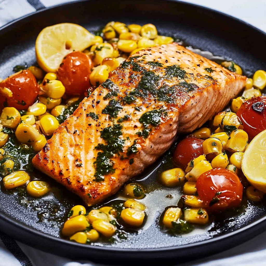 Recipe preparation for Sheet Pan Harissa Salmon with Corn
