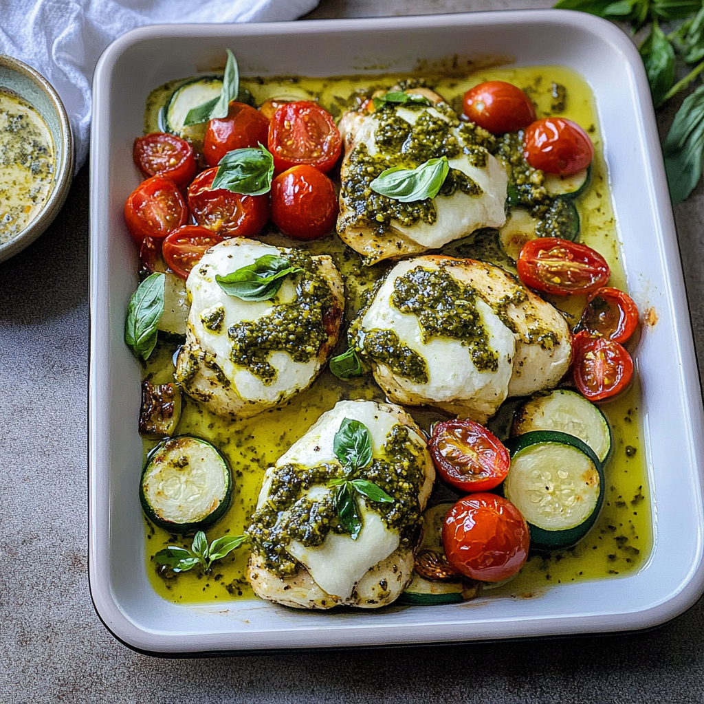 Recipe preparation for Sheet Pan Pesto Chicken with Zucchini & Roasted Tomatoes