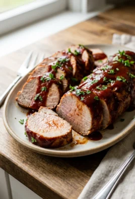 A white platter holding sliced pork tenderloin covered in a thick barbecue sauce.