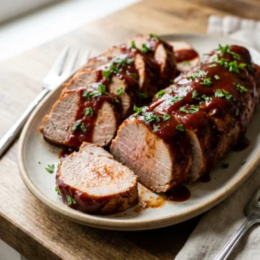 A white platter holding sliced pork tenderloin covered in a thick barbecue sauce.