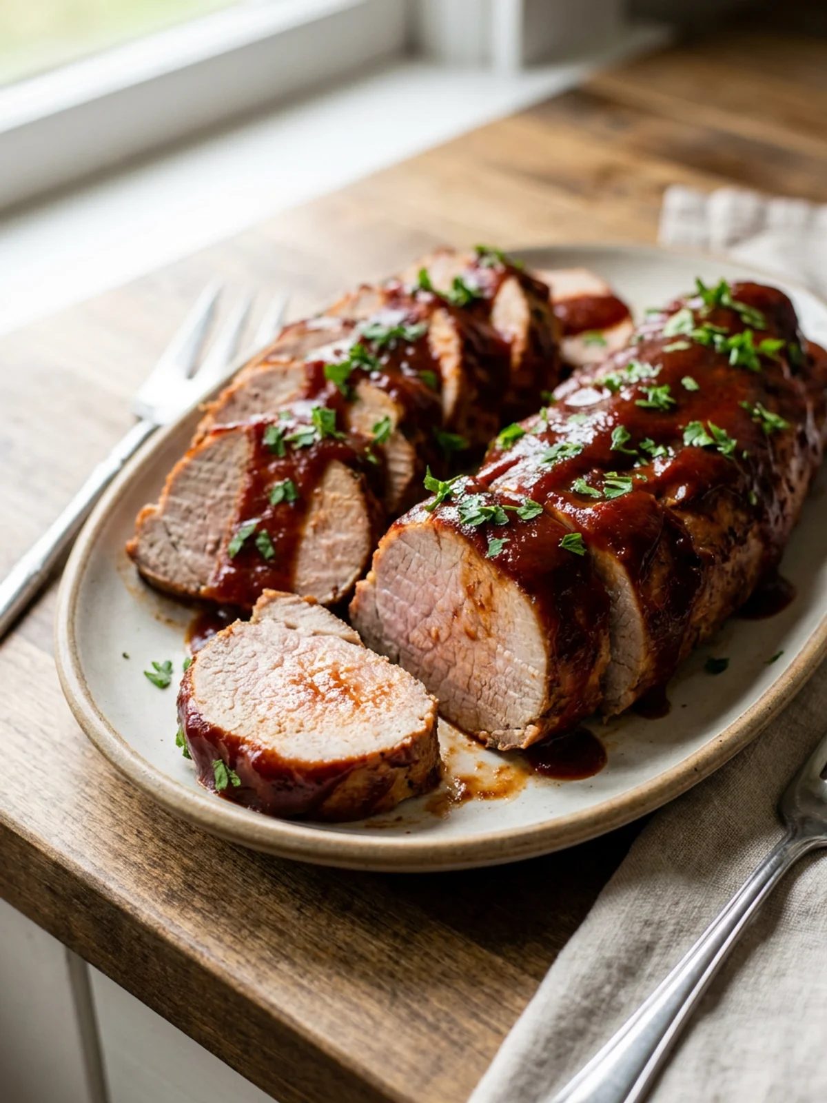 A white platter holding sliced pork tenderloin covered in a thick barbecue sauce.