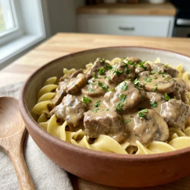 A close-up shot of beef stroganoff in a white bowl with a fork.