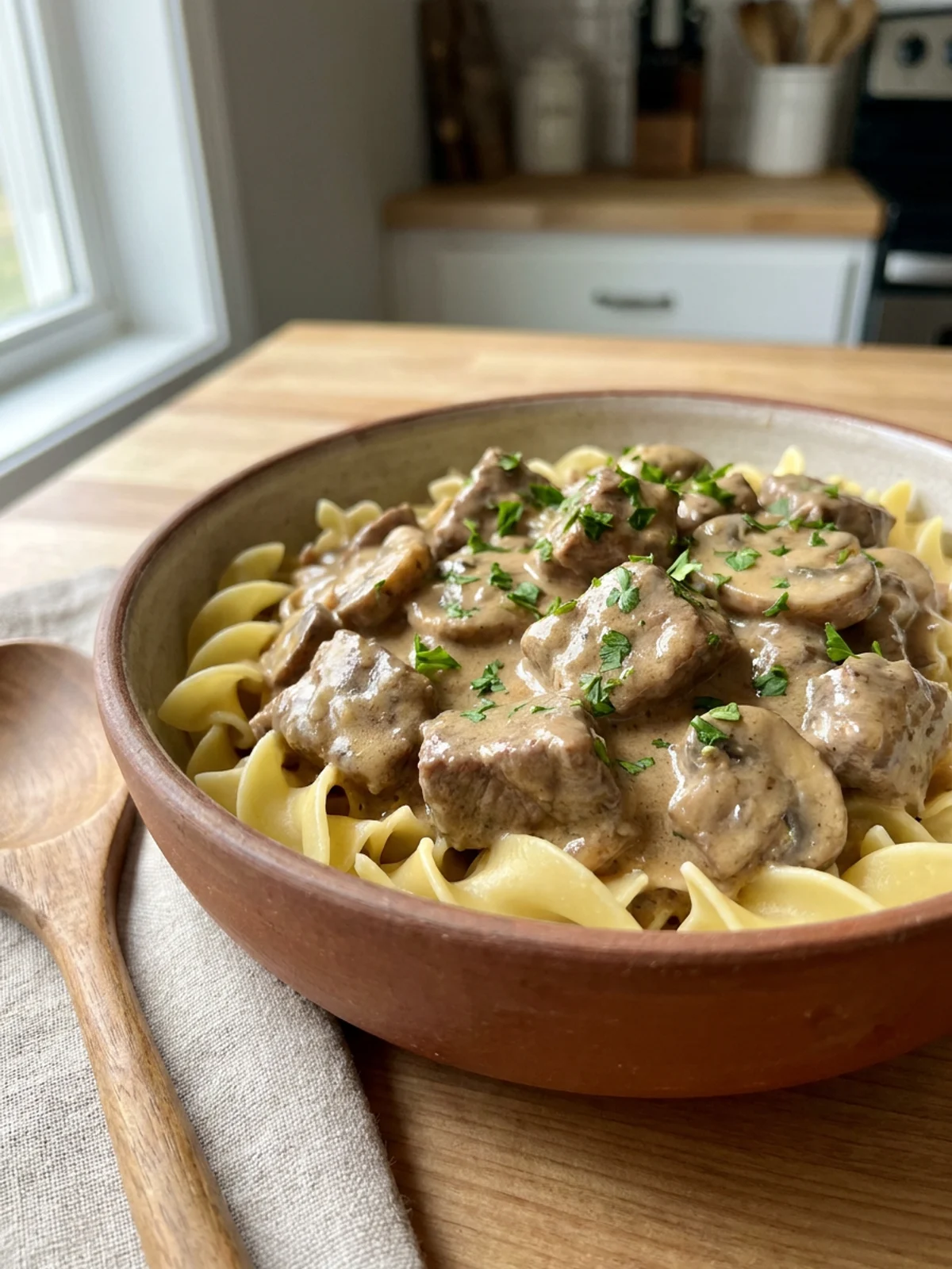 A close-up shot of beef stroganoff in a white bowl with a fork.
