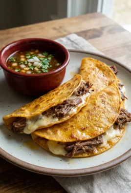 Three finished birria tacos on a plate with a small bowl of dipping broth.