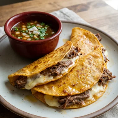 Three finished birria tacos on a plate with a small bowl of dipping broth.