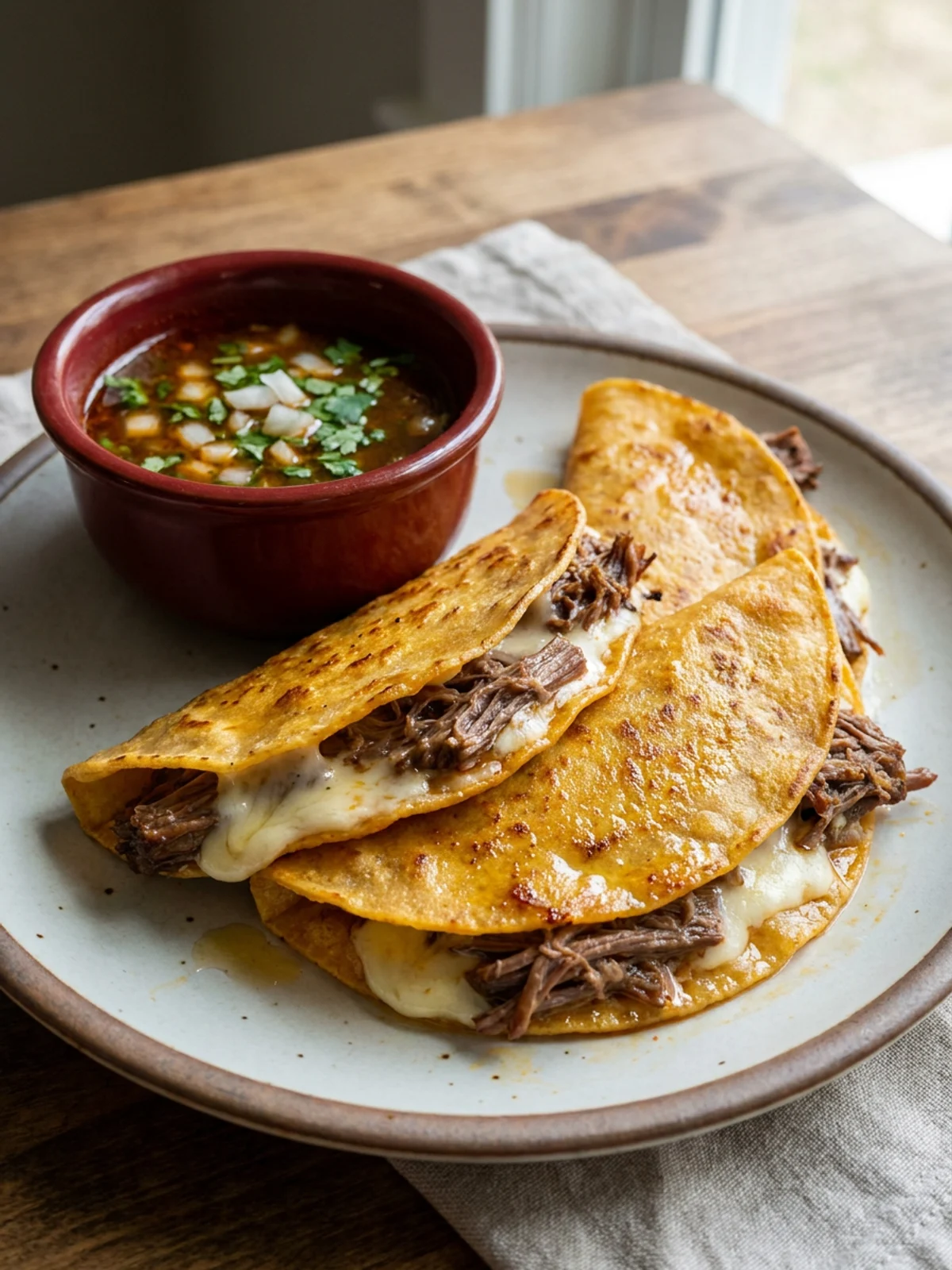 Three finished birria tacos on a plate with a small bowl of dipping broth.