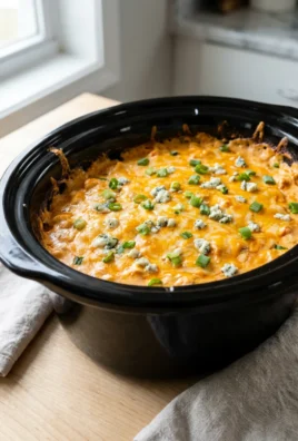 A close-up of a blue bowl filled with finished crock pot buffalo chicken dip.