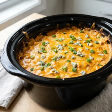 A close-up of a blue bowl filled with finished crock pot buffalo chicken dip.