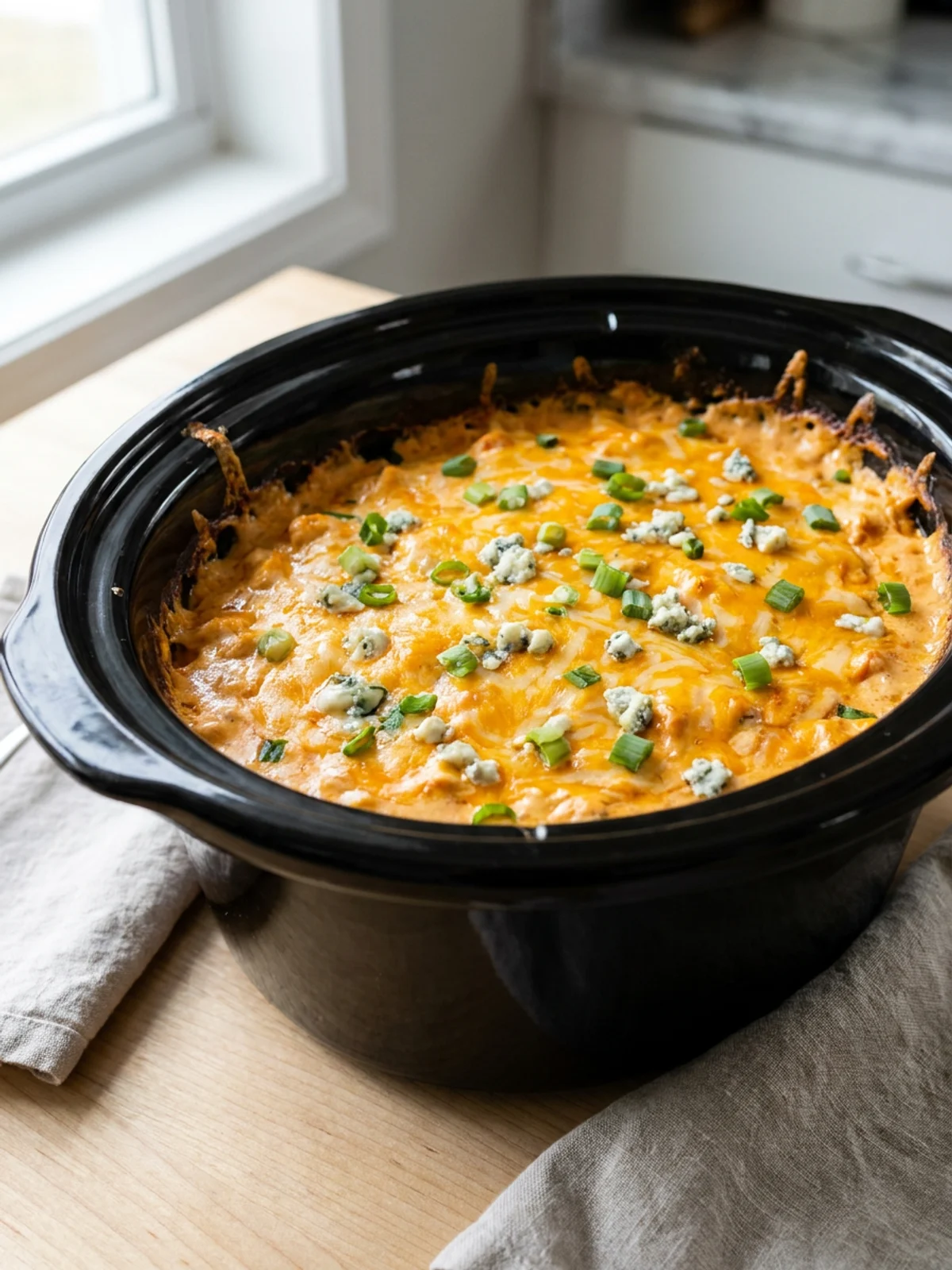 A close-up of a blue bowl filled with finished crock pot buffalo chicken dip.