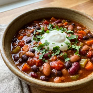A spoon stirring thick red vegetarian chili inside of a black slow cooker.