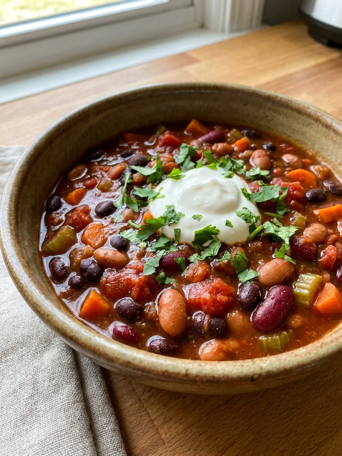 A spoon stirring thick red vegetarian chili inside of a black slow cooker.