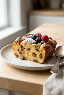 A close-up of a scoop of bread pudding in a white bowl, topped with berries.
