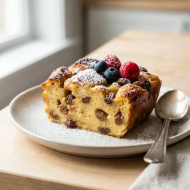 A close-up of a scoop of bread pudding in a white bowl, topped with berries.