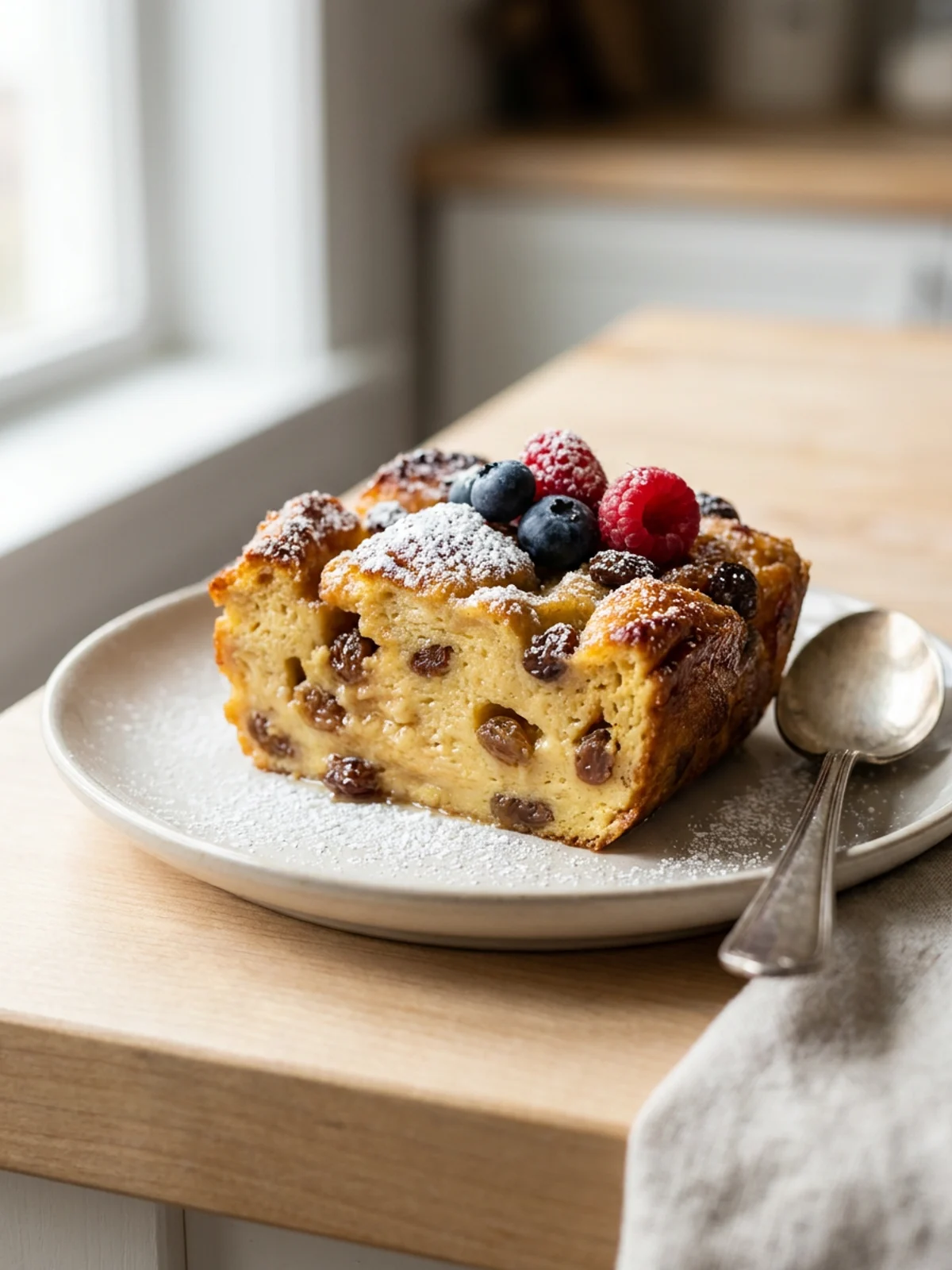 A close-up of a scoop of bread pudding in a white bowl, topped with berries.