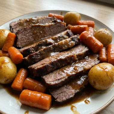 A white platter holding slices of crockpot brisket, with carrots and potatoes, covered in gravy.