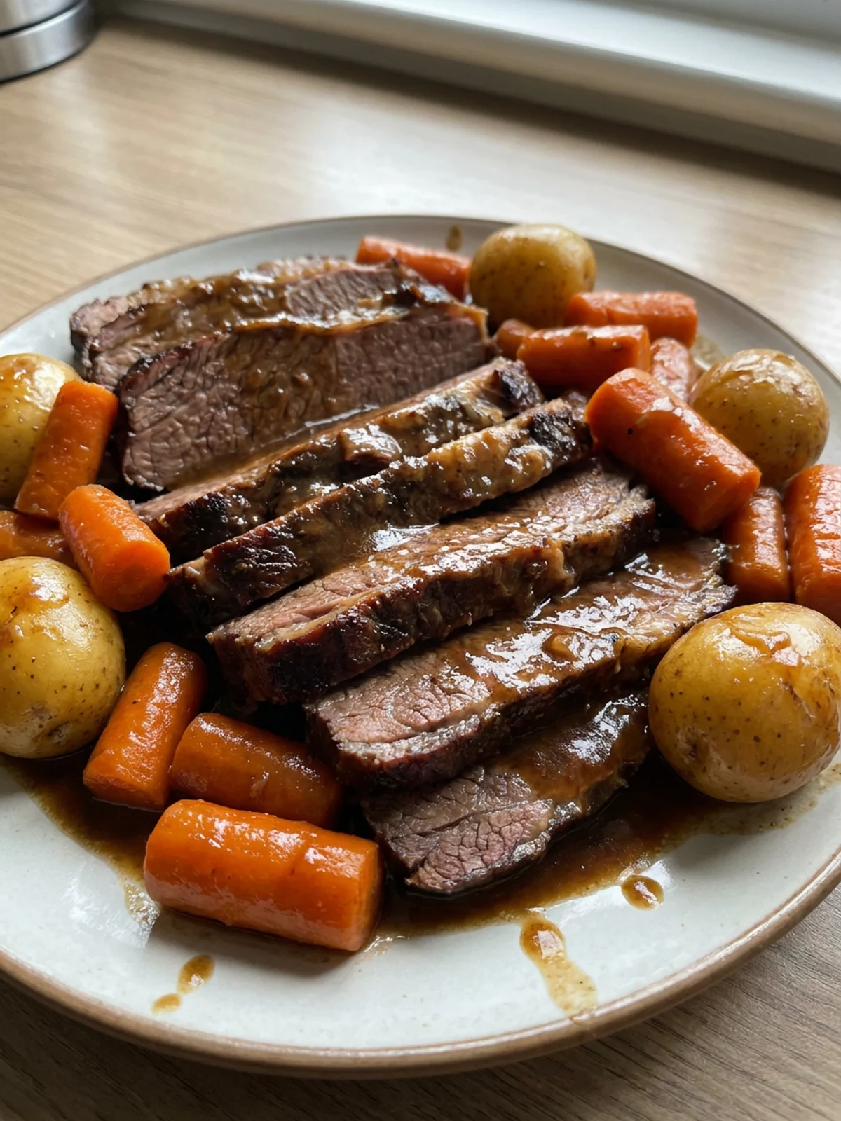 A white platter holding slices of crockpot brisket, with carrots and potatoes, covered in gravy.