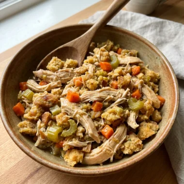 A close-up of shredded chicken mixed with savory stuffing and chunks of carrots and celery.