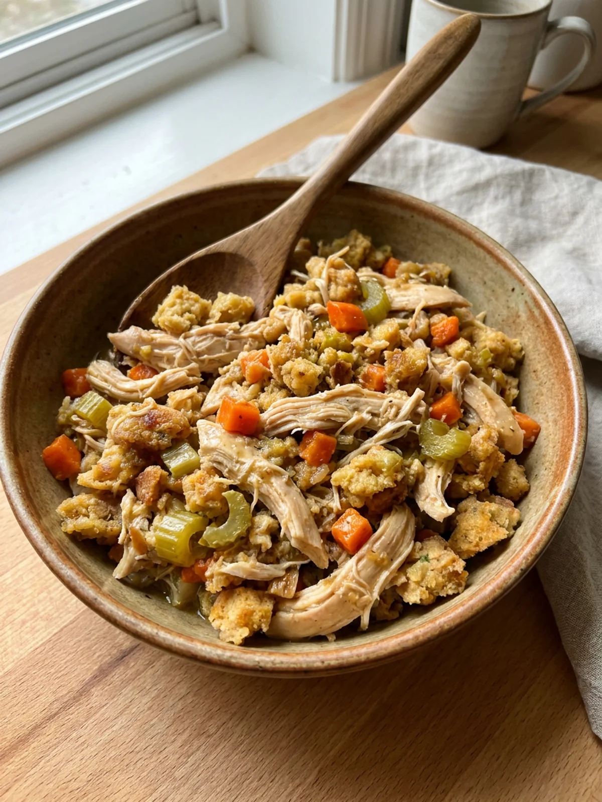 A close-up of shredded chicken mixed with savory stuffing and chunks of carrots and celery.