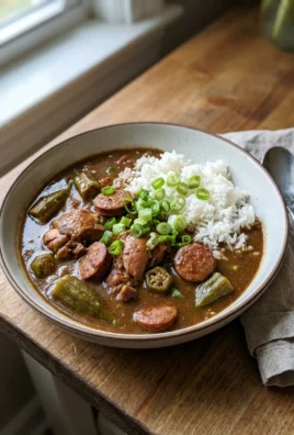 A close-up of a dark, rich gumbo with sausage and chicken in a white bowl.