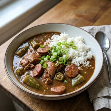 A close-up of a dark, rich gumbo with sausage and chicken in a white bowl.