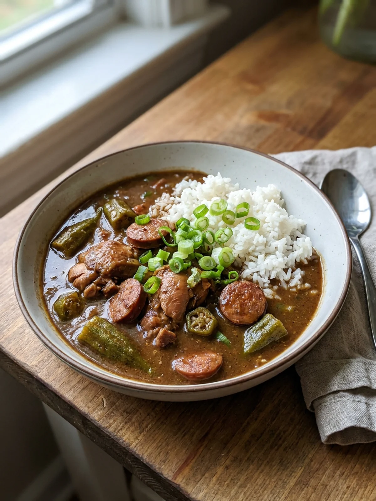 A close-up of a dark, rich gumbo with sausage and chicken in a white bowl.