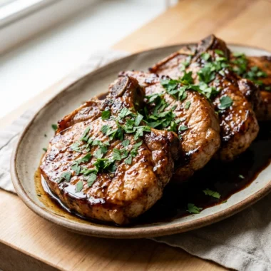 A white plate holding a cooked pork chop topped with a dark glaze and fresh parsley.