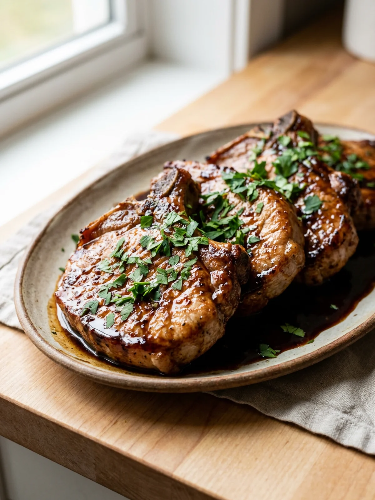 A white plate holding a cooked pork chop topped with a dark glaze and fresh parsley.