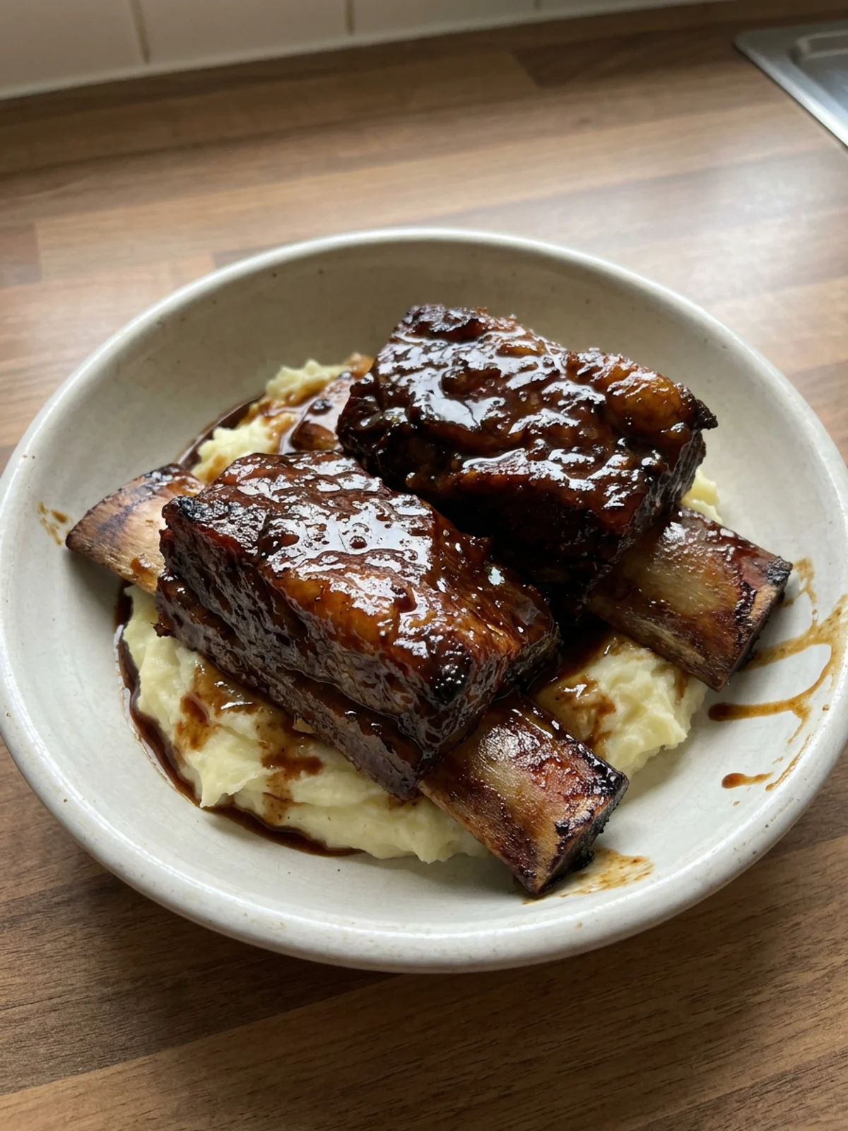 A close-up of a fork cutting into a tender piece of a slow-cooked short rib.