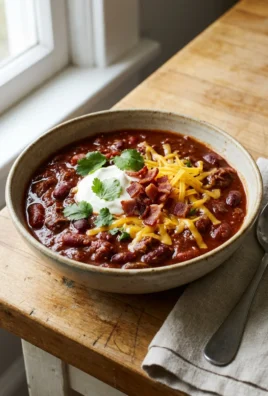 A close-up shot of a finished bowl of beef and bean chili with toppings.