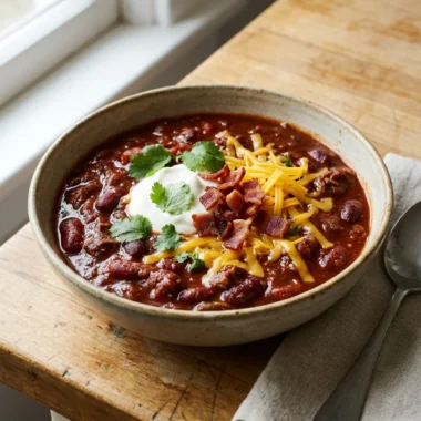 A close-up shot of a finished bowl of beef and bean chili with toppings.