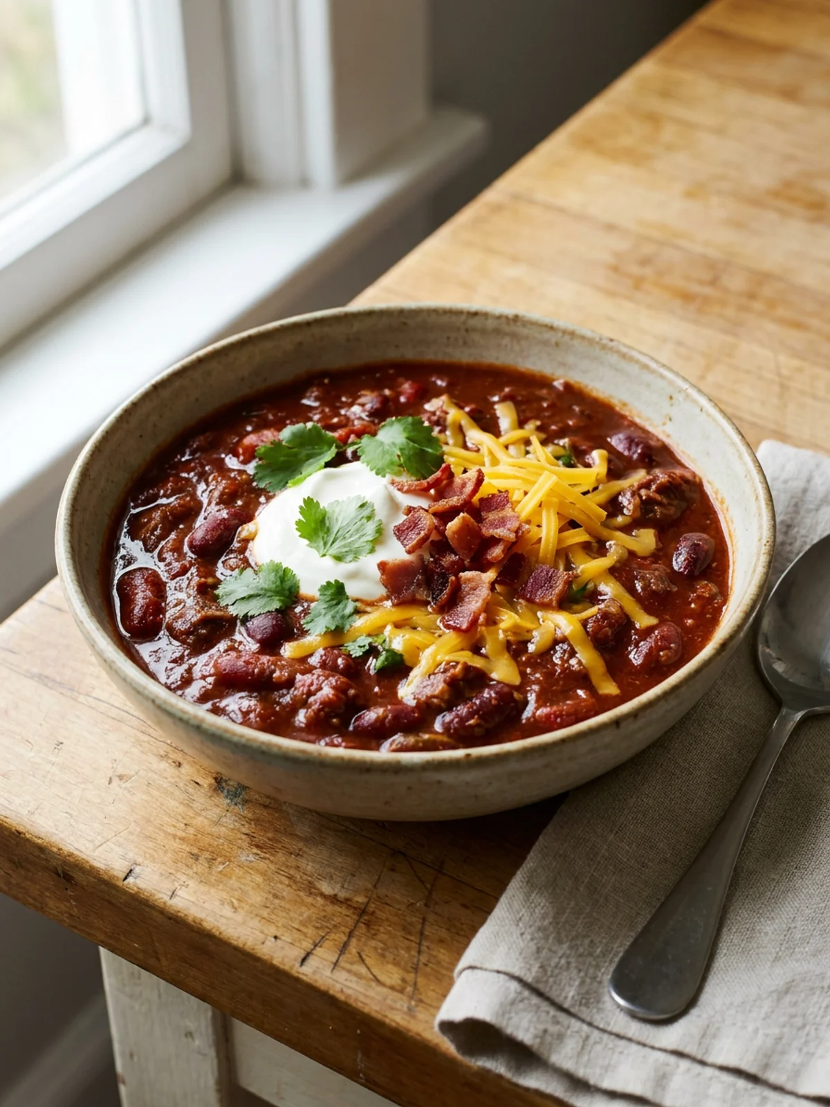 A close-up shot of a finished bowl of beef and bean chili with toppings.