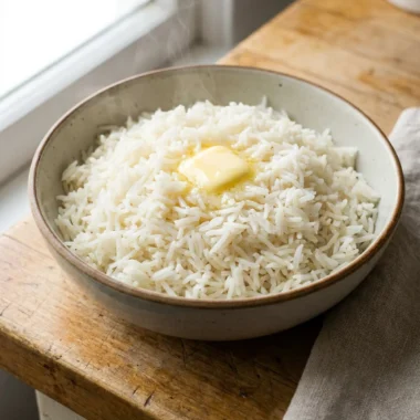 A white ceramic bowl filled with cooked, fluffy white rice on a wooden table.