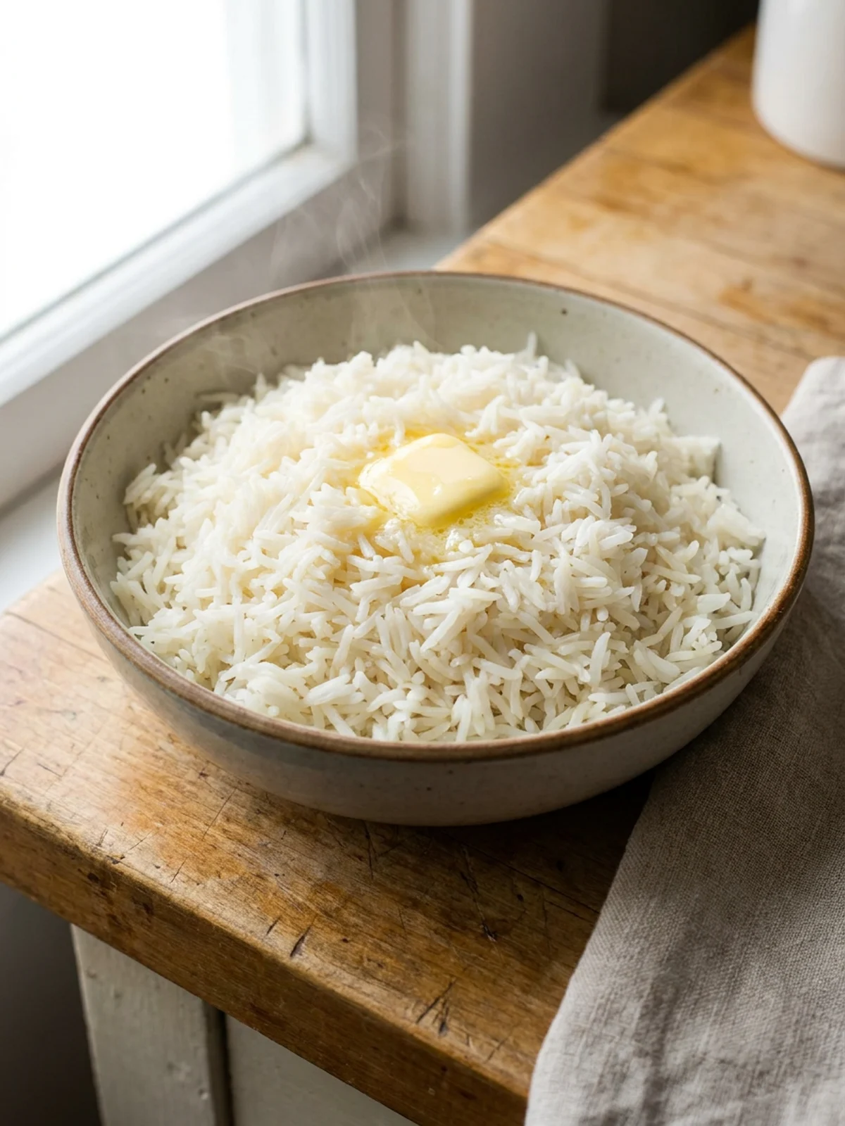 A white ceramic bowl filled with cooked, fluffy white rice on a wooden table.