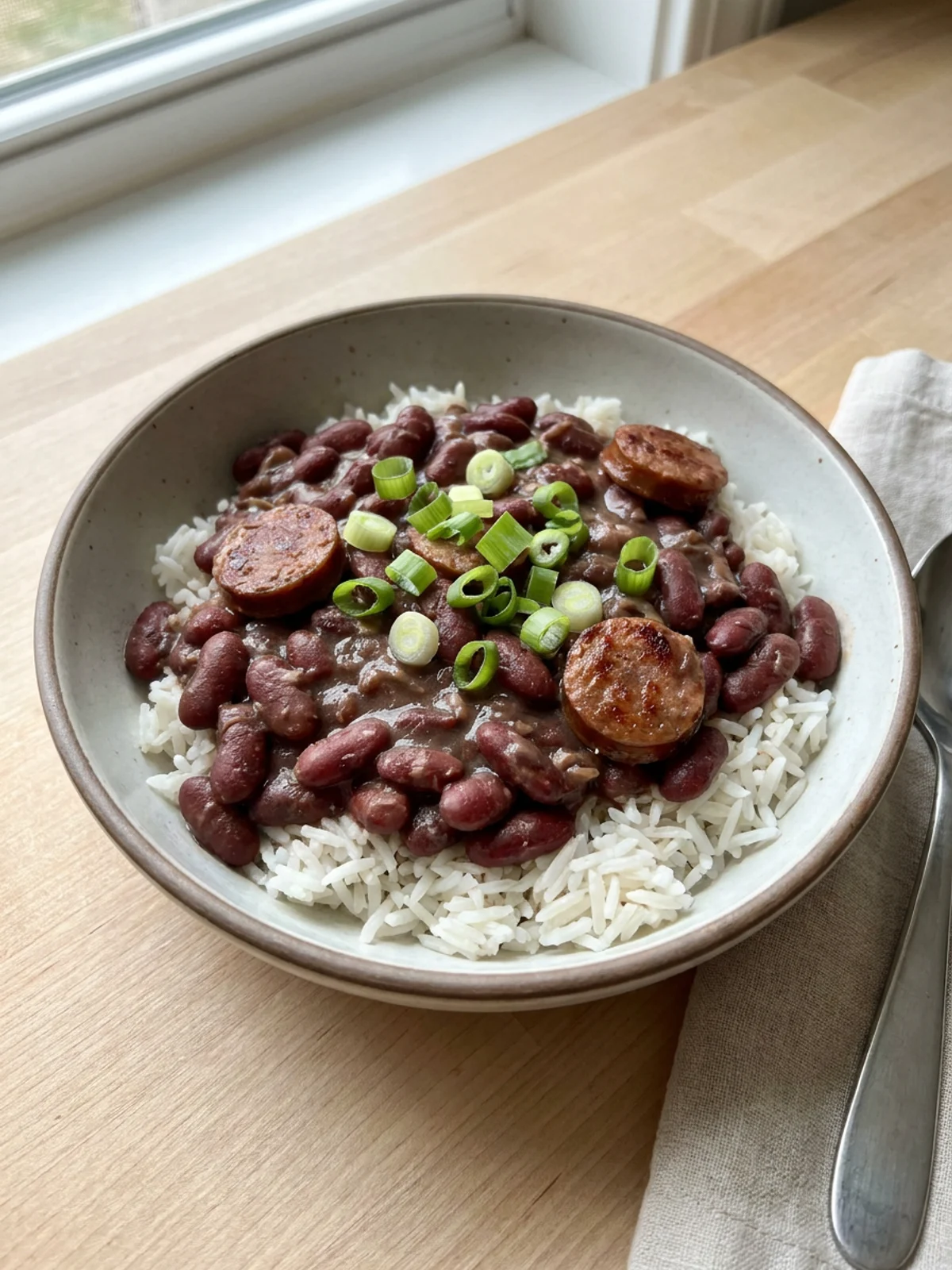 A spoonful of red beans and rice showing the creamy texture and chunks of sausage.