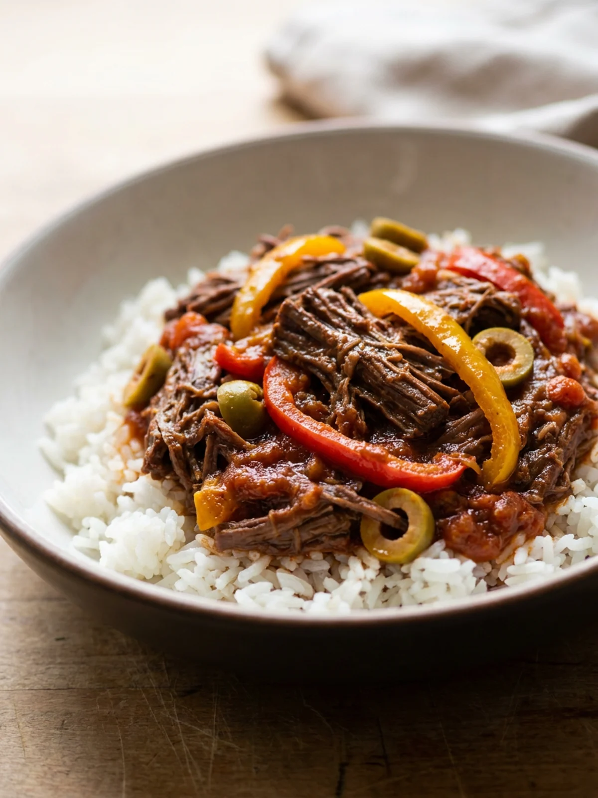 A white bowl filled with shredded ropa vieja, garnished with fresh cilantro and a lime.