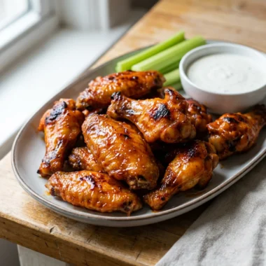 A close-up of a platter of glossy red slow cooker Buffalo chicken wings.